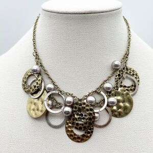 Layered Hammered Gold Tone Silver Tone Metal Medallion Beaded Statement Necklace